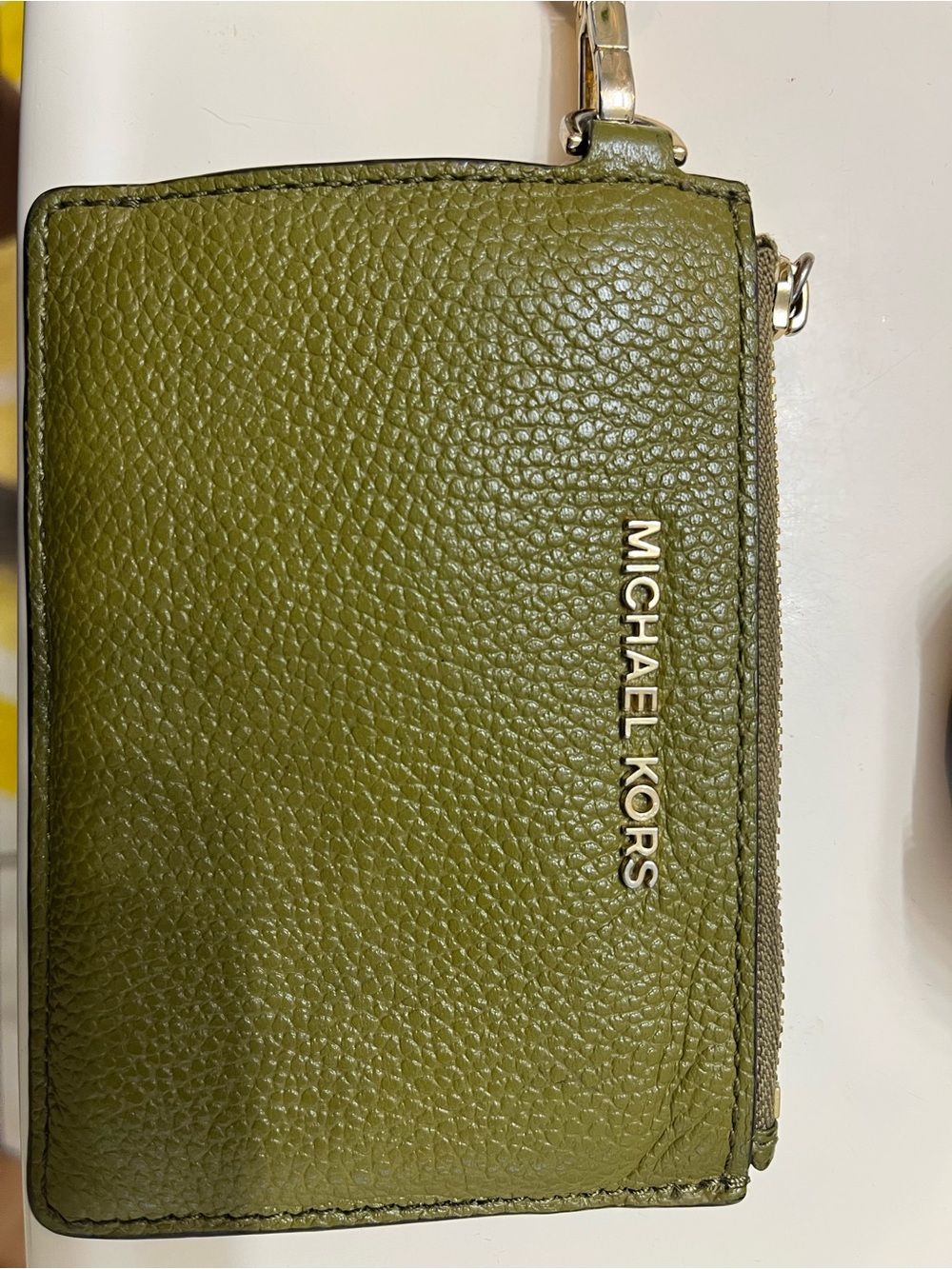 Michael Kors Olive Green Pebbled Leather Zip Card Case